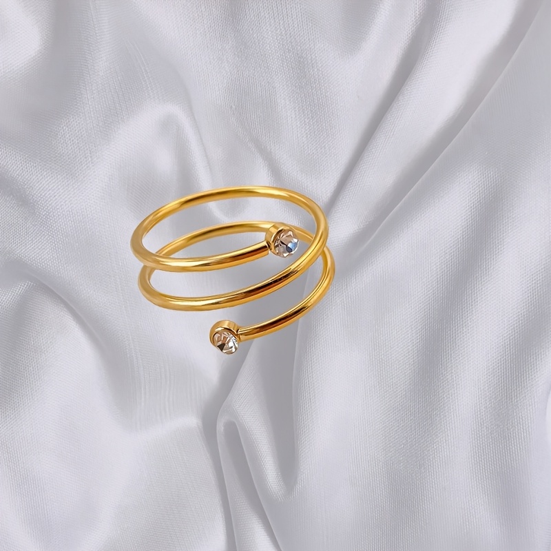 Women's Stainless Steel Coil Spring Ring with Rhinestone Accents