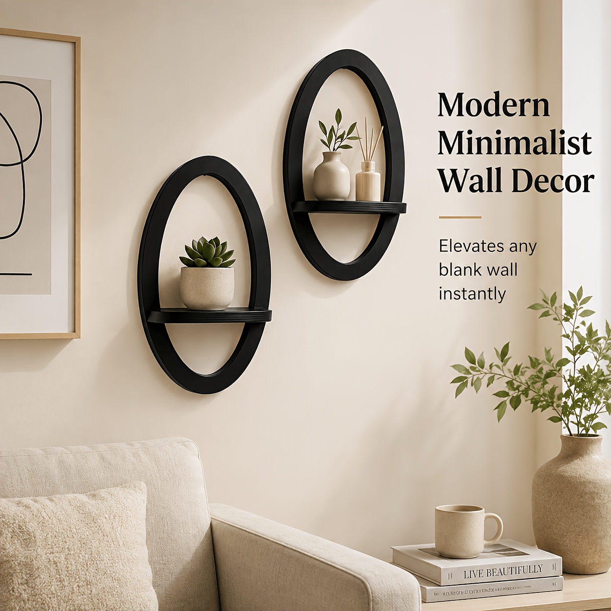 2pcs Matte Black Oval Frame Floating Wall Shelves