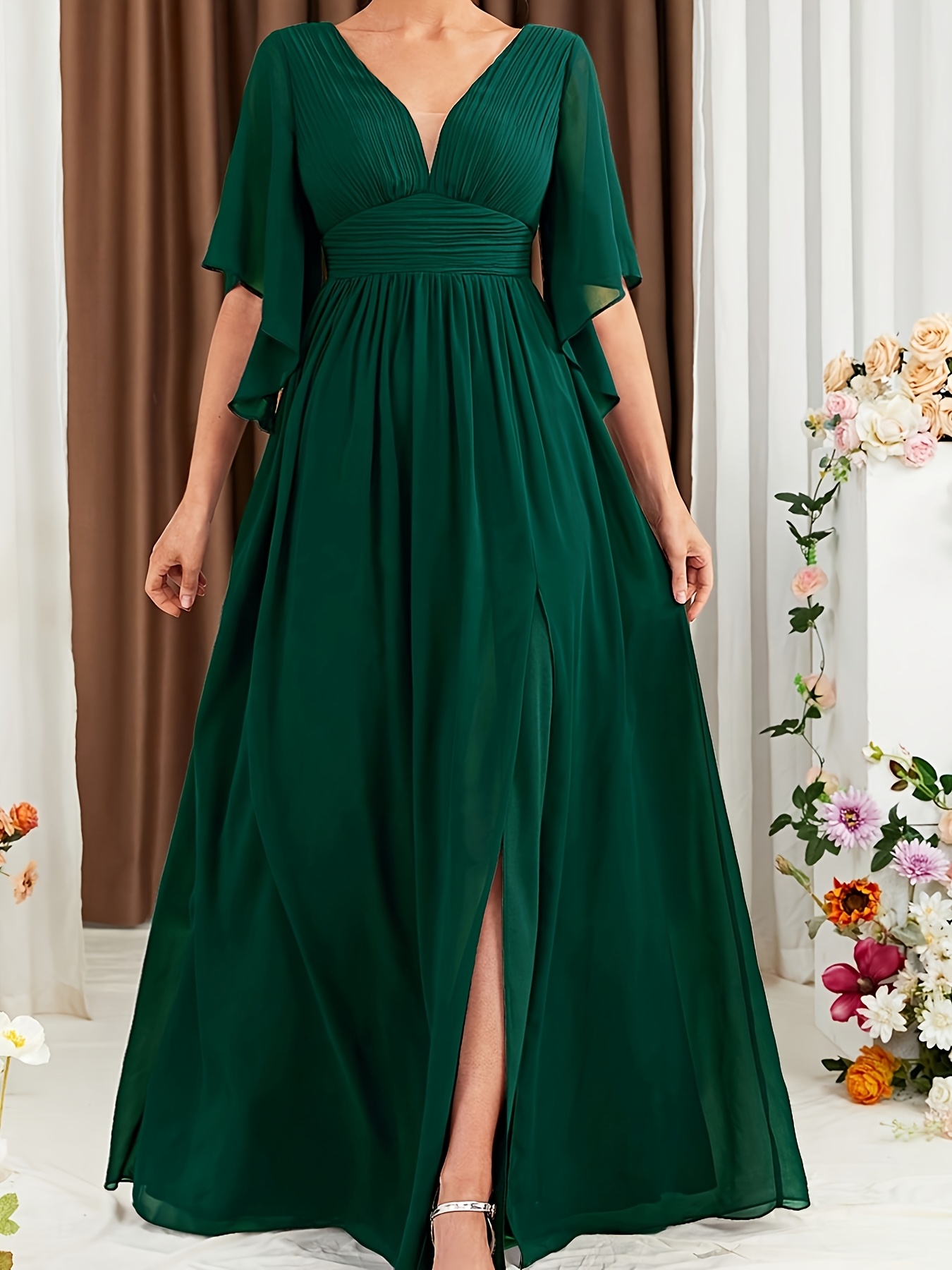 green emerald velvet dress Elegant Cold Shoulder Chiffon Maxi Dress for Girls Junior Bridesmaid main image 1
