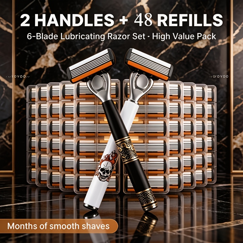 TEMU 48 lames de rechange avec lames progressives et bandes de lubrification, 2 poignées antidérapantes améliorées pour rasoirs manuels pour hommes.