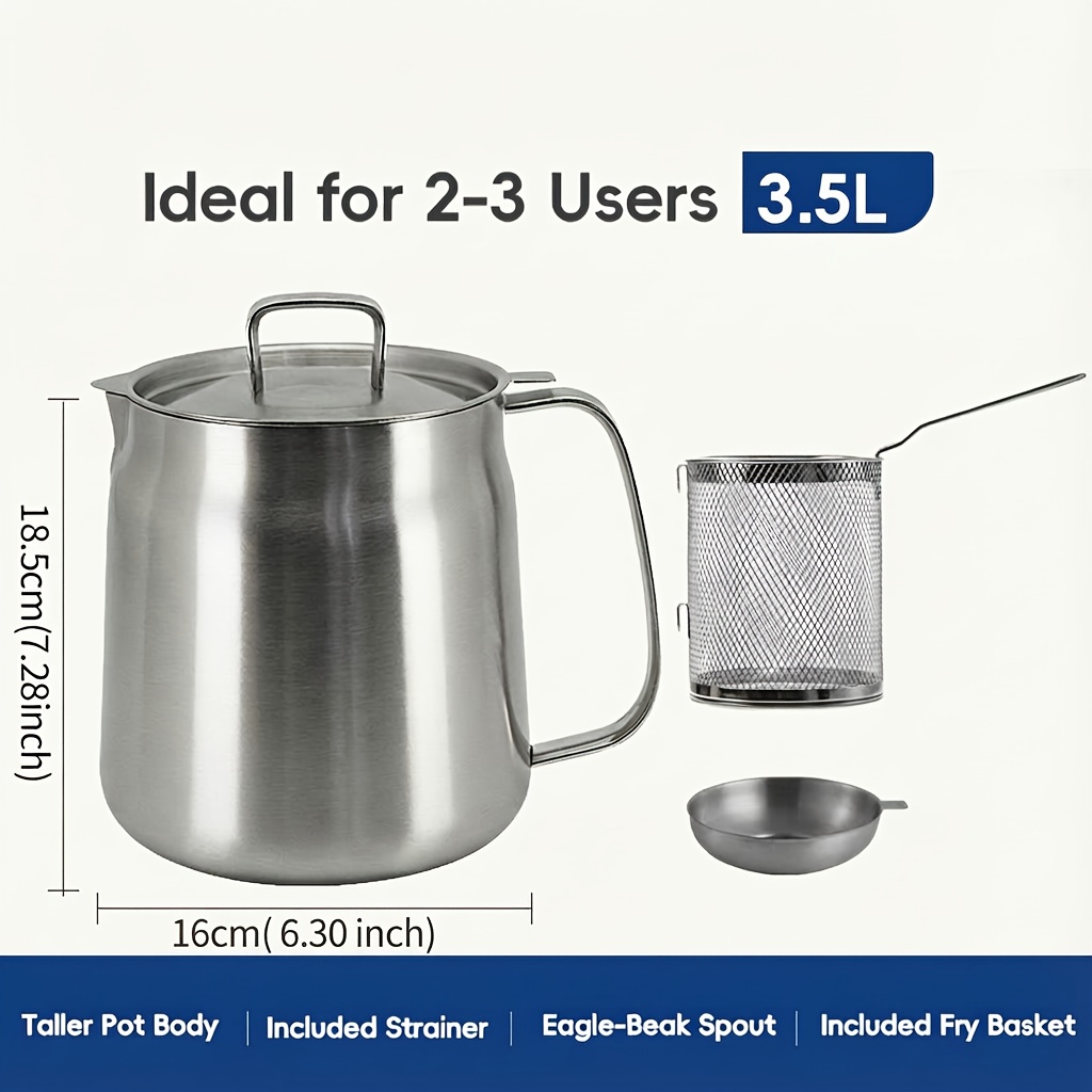TEMU 3.5l Heavy-duty Commercial & Use Compatible For Stove 304 Stainless Steel Oil Pot With Frying Basket & Fine-mesh Strainer - Induction Cooktop Safe Oil Fryer, Tea Filtering Equipment