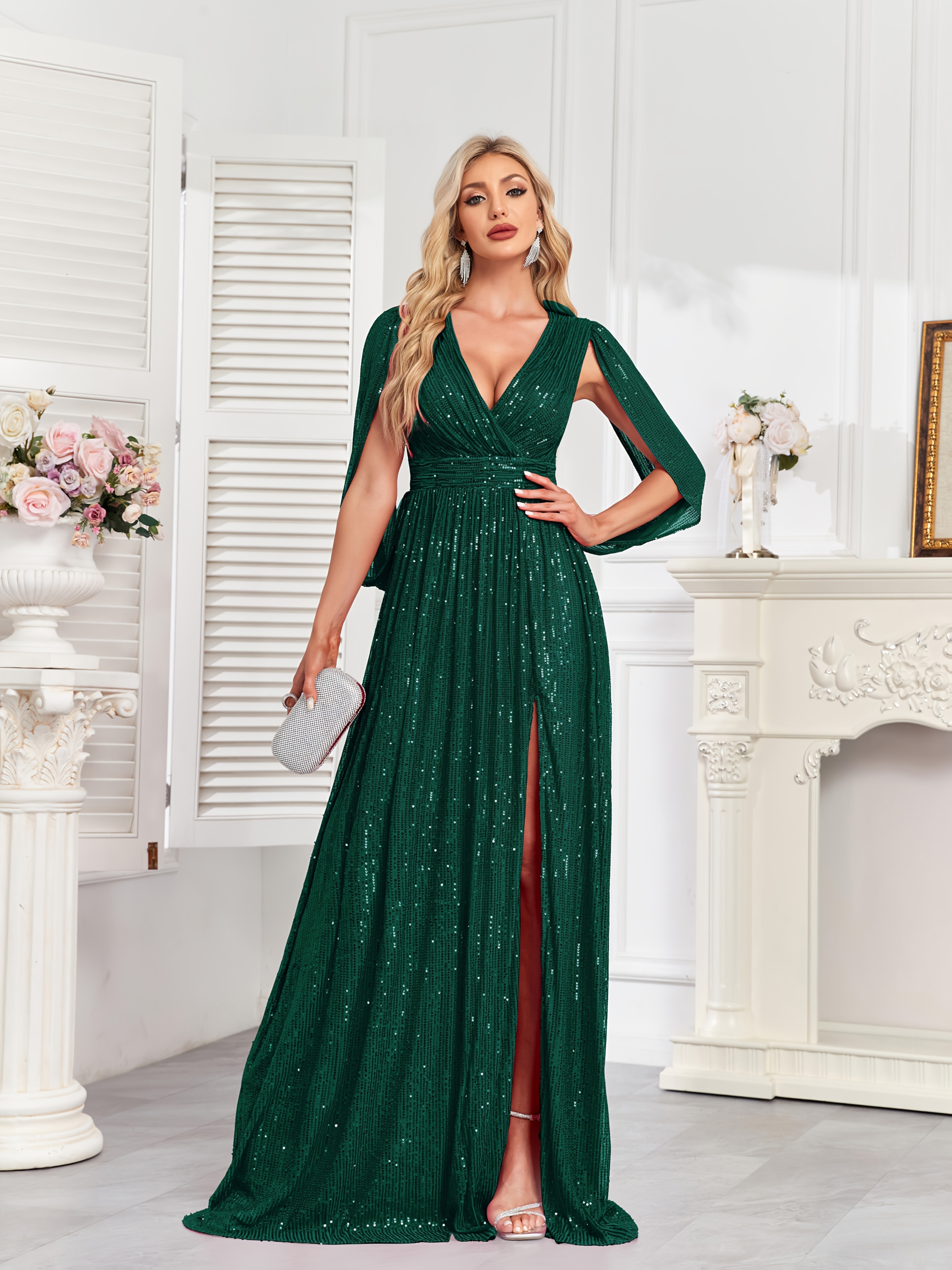 chinese dress ladies Rose Gold Sequin Sexy Side Slit Long Evening Prom Dresses, Cheap Custom  Prom Dresses, MR7231 main image 1