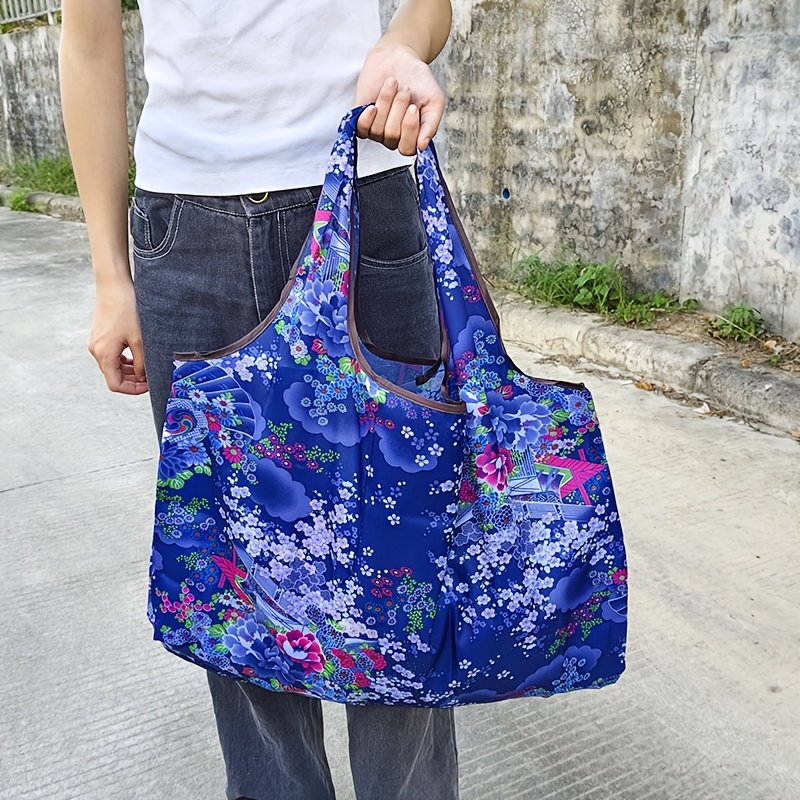 TEMU Large Capacity Portable Shopping Bag In Lightweight Purple With A Colorful Floral Pattern, Foldable And Suitable For Women As A Tote Bag