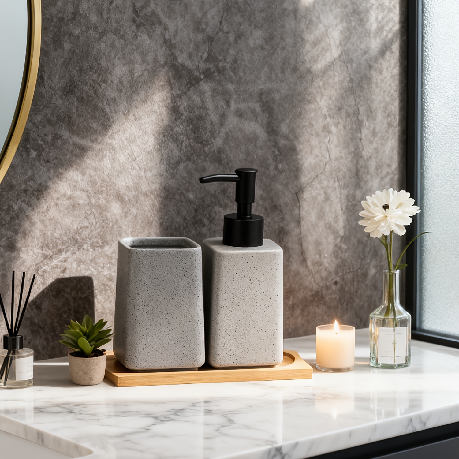 TEMU High-end Bathroom Accessory 3pcs Set, Manual Soap Dispenser Kit, Stone-textured Hand Soap Bottle With Anti-leak Pump, Toothbrush Holder, Tray,