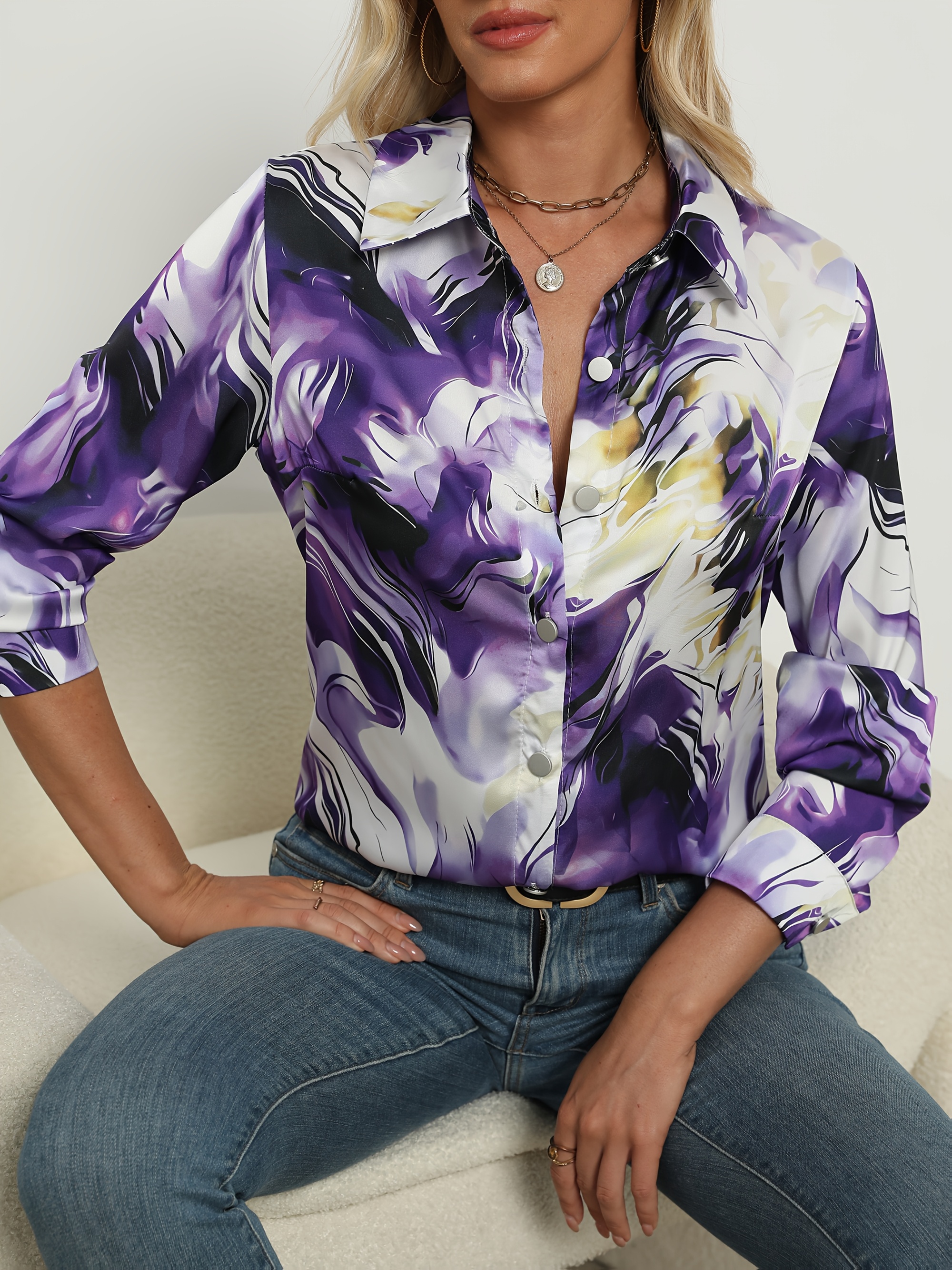 chemisier élégant femmes imprimé marbre violet doré chemise Temu