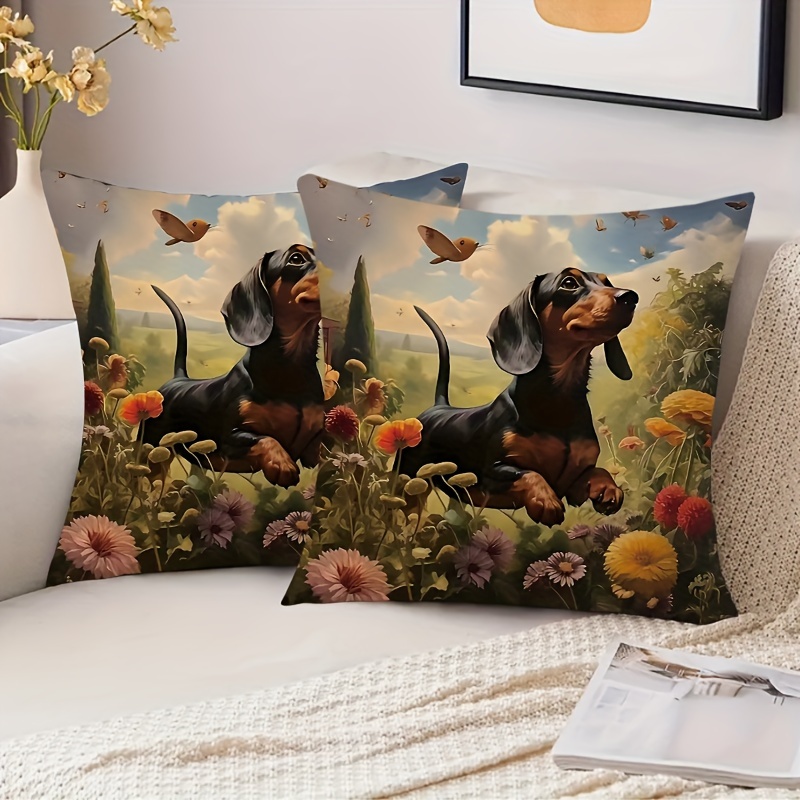 

architectural Charm" 2-piece Boho Dog Print Plush Pillow Covers 17.7"x17.7" - Soft, Zippered Cases For Living Room & Bedroom Decor
