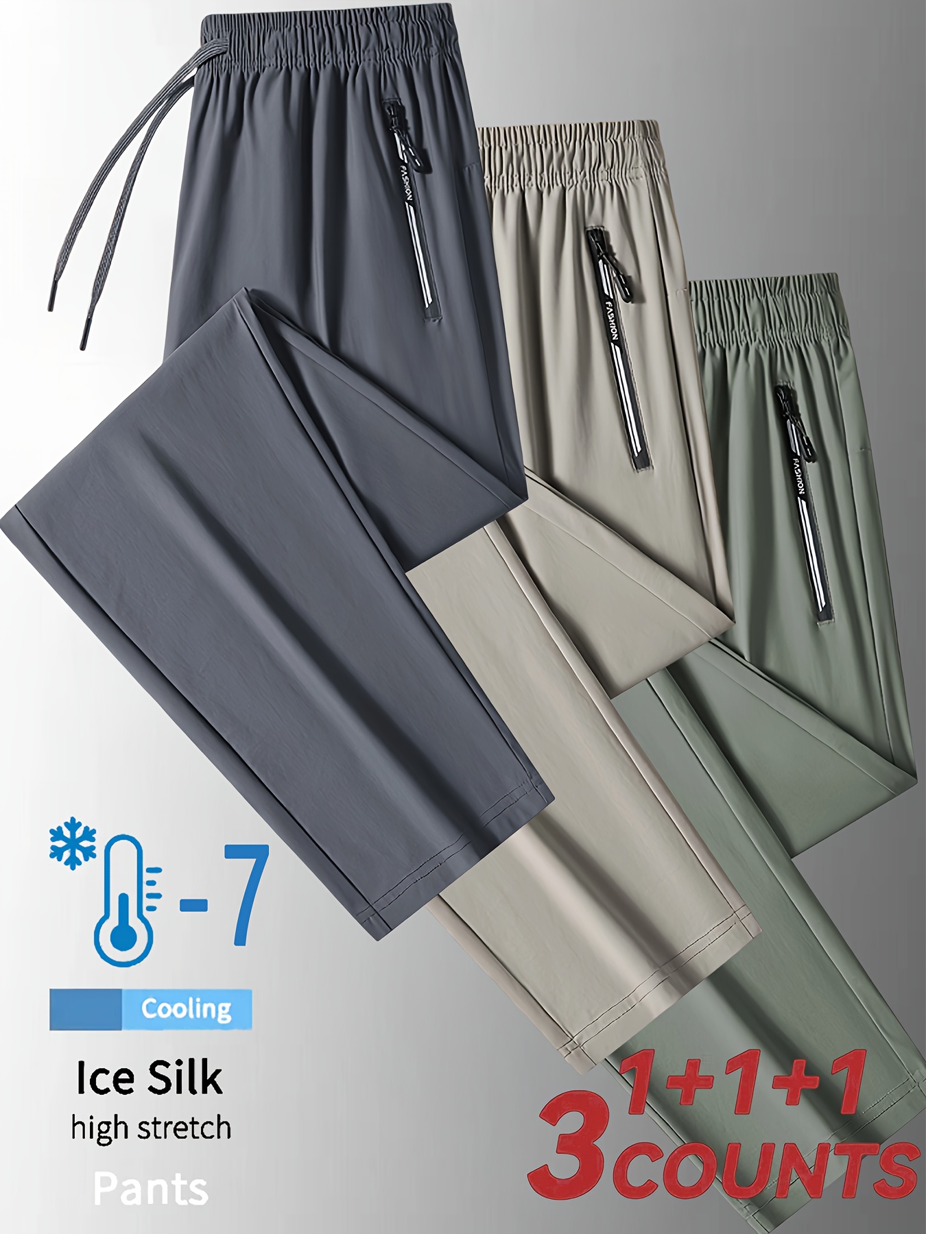 3pcs mens ice silky fiber casual pants high stretch breathable cooling loose fit straight leg trousers with elastic waist pockets machine washable for spring summer 3 colors grey beige trousers trousers pocketed trousers warm weather clothing minimalist style soft fabric casual attire details 2