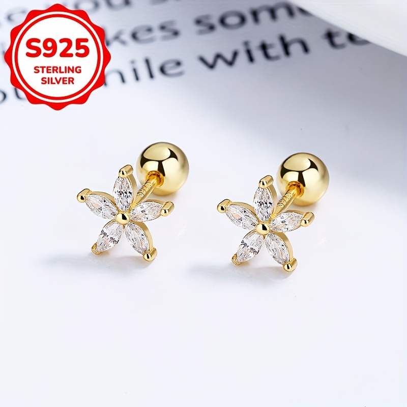 Image of Pair Of S925 Silver Minimalist Cubic Synthetic Zirconia Flower Ear Studs, Women's Fashion Earrings, Hypoallergenic, Suitable For Daily Wear, Spring/summer Season, Perfect Back-to- Gift