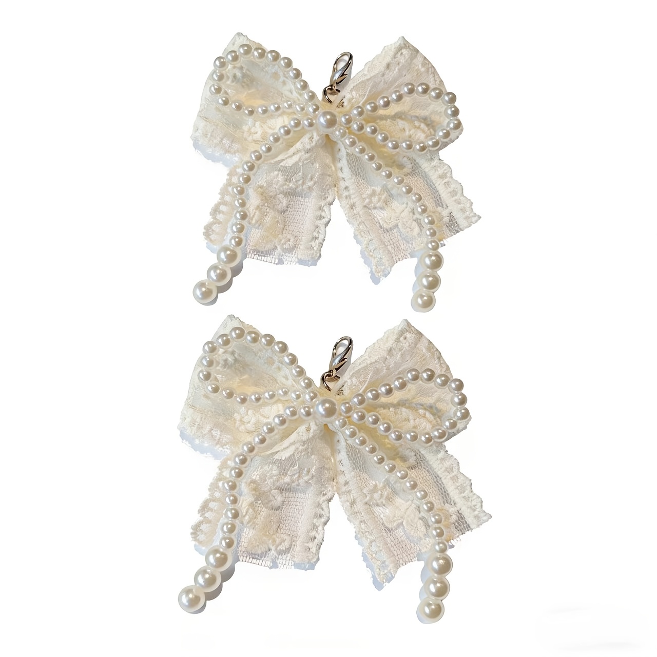 Image of This Set Of 2 Lace Pearl Bow Additions Is A Versatile Addition For Shoes, Bags, And Clothing. Used As Multifunctional Shoe Clips, Bag Charms