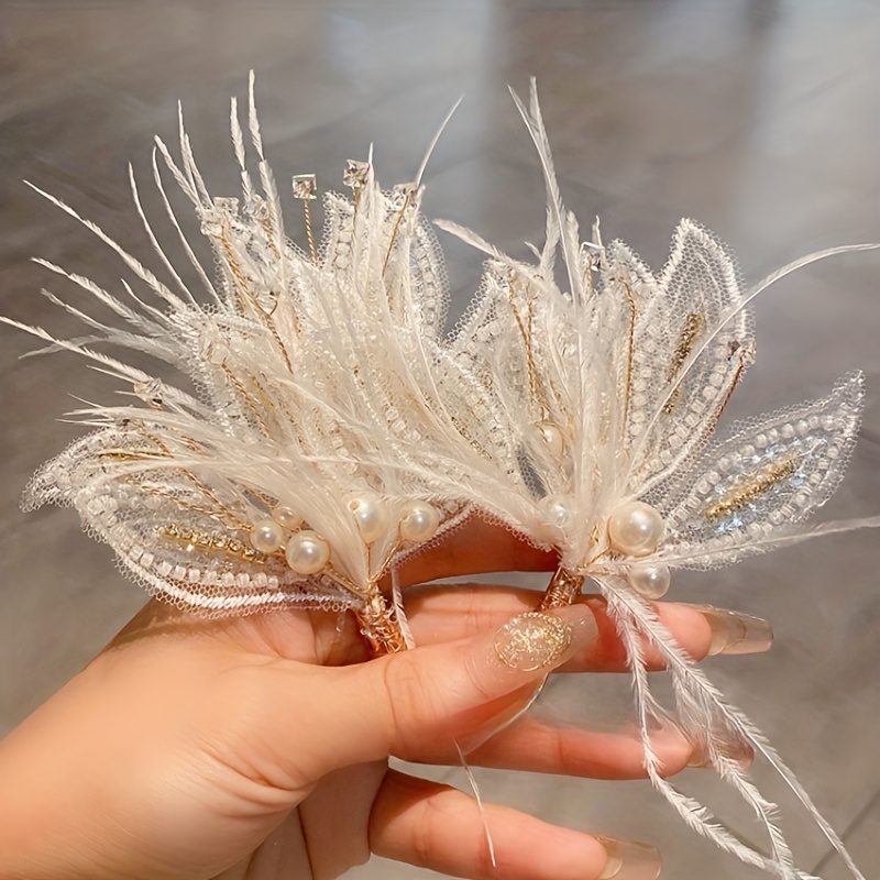 1pc elegant pearl feather hair clip a soft bridal accessory  display picture 2