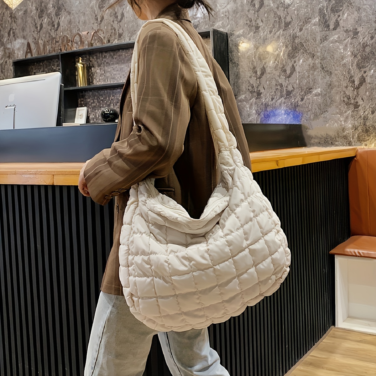 TEMU Chic Minimalist Quilted Tote Bag For Women - Spacious & Lightweight, Solid Color Shoulder Bag With Zip Closure, Use - Available In Pink, Khaki, Dark Brown, Cream, And Black