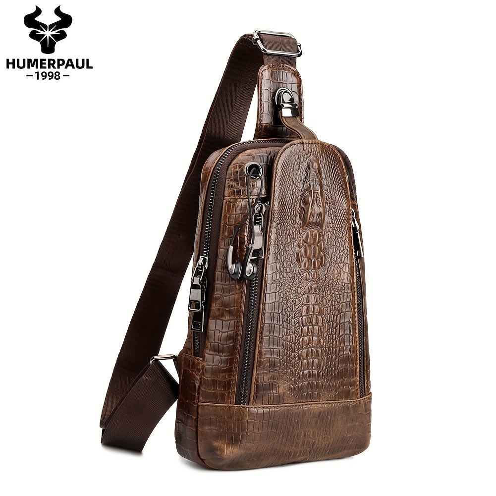 mens vintage chest bag genuine leather shoulder bag first layer cowhide crocodile pattern sling chest pack for travel outdoor hiking camping
