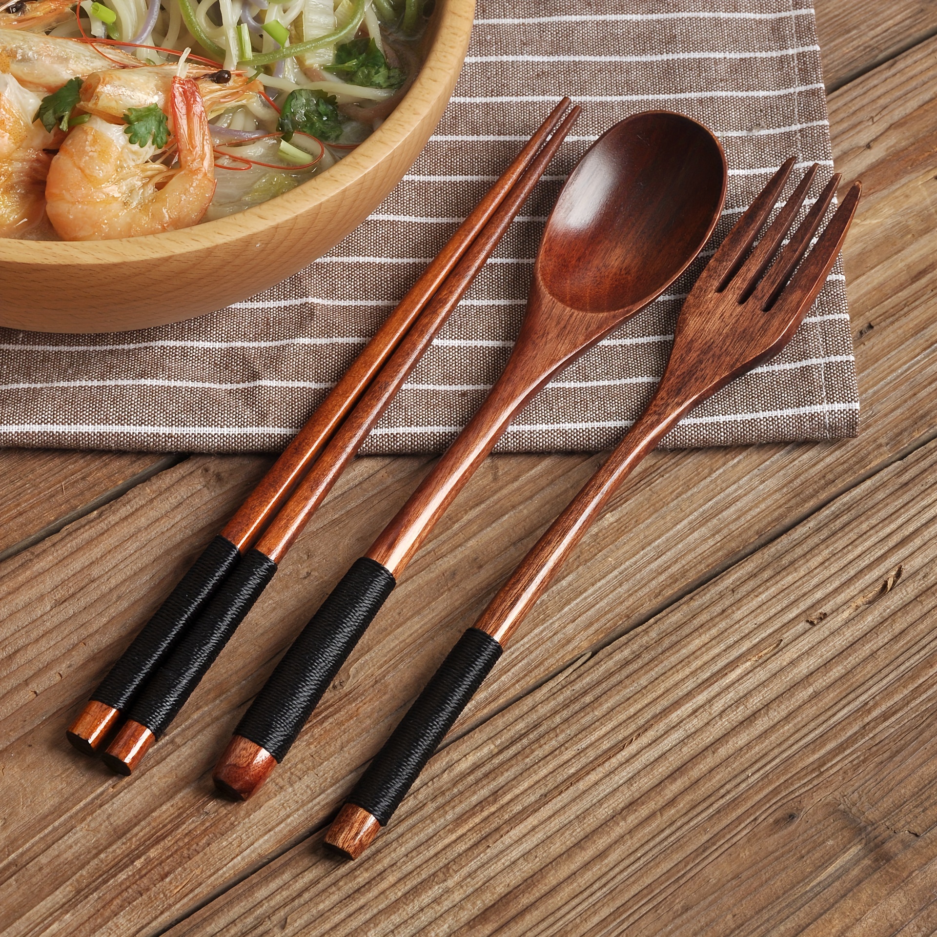 

3pcs Wooden Wrapping Tableware Set Chopsticks, Set Suitable For Home Kitchen, , Office, Outdoor Camping Travel Utensils, Reusable Tableware