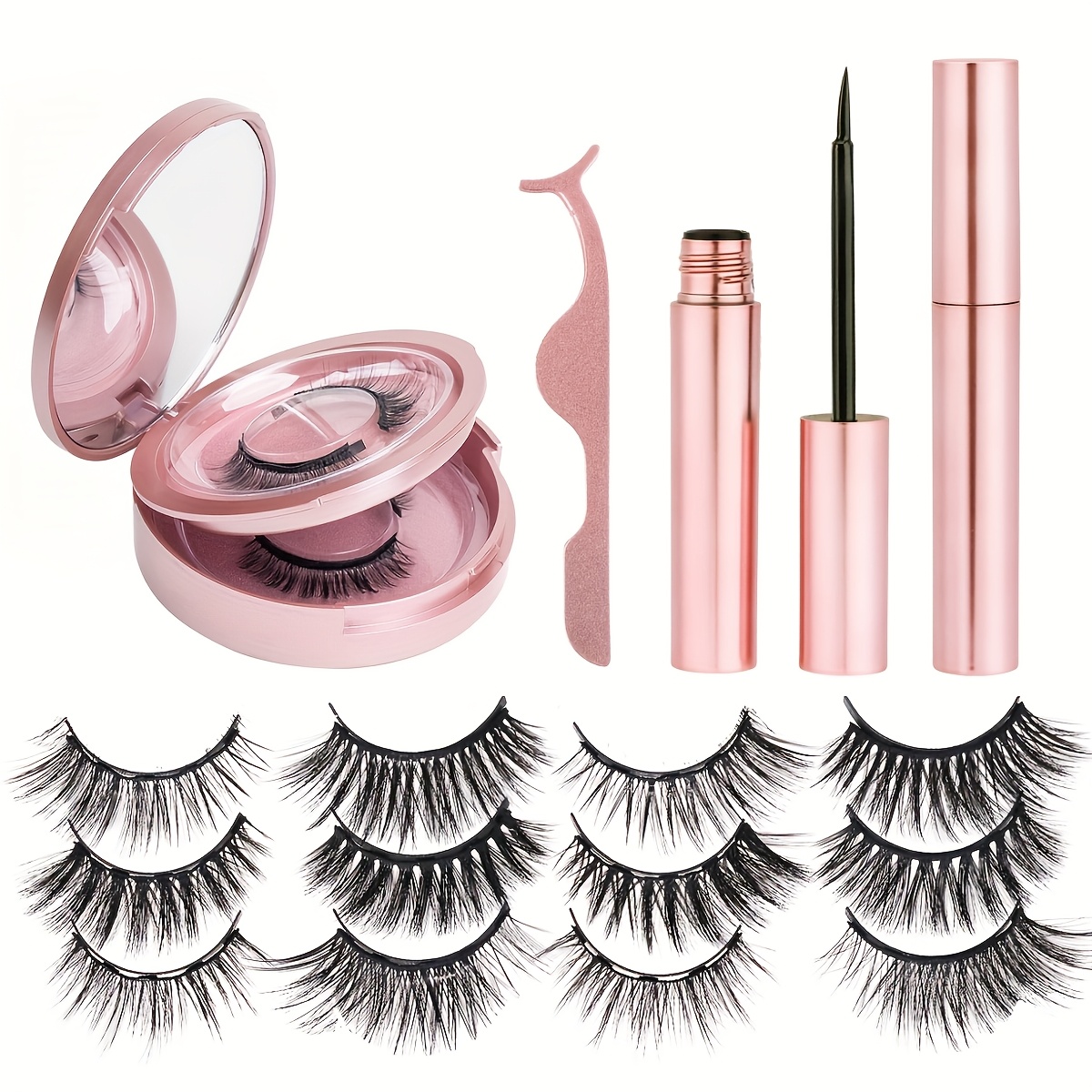 TEMU 8 Pairs Magnetic Eyelashes Set (with Magnetic Eyeliner) - 3d , Reusable, Includes 2 Eyeliner Tubes, A Must-have For Women's Makeup