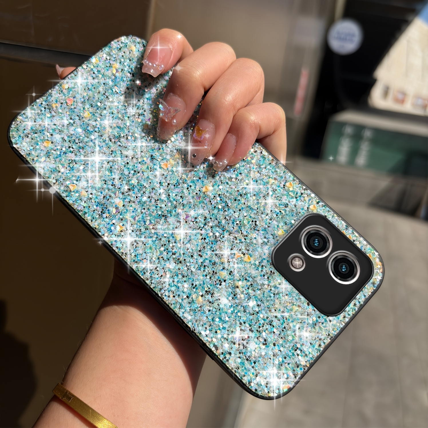 TEMU Bilingbiling Mobile Phone Case Elegant Blue Glitter Sequins Premium Protective Case Couple Gift, Suitable For Moto 20/20 Pro//20 Lite/30/30