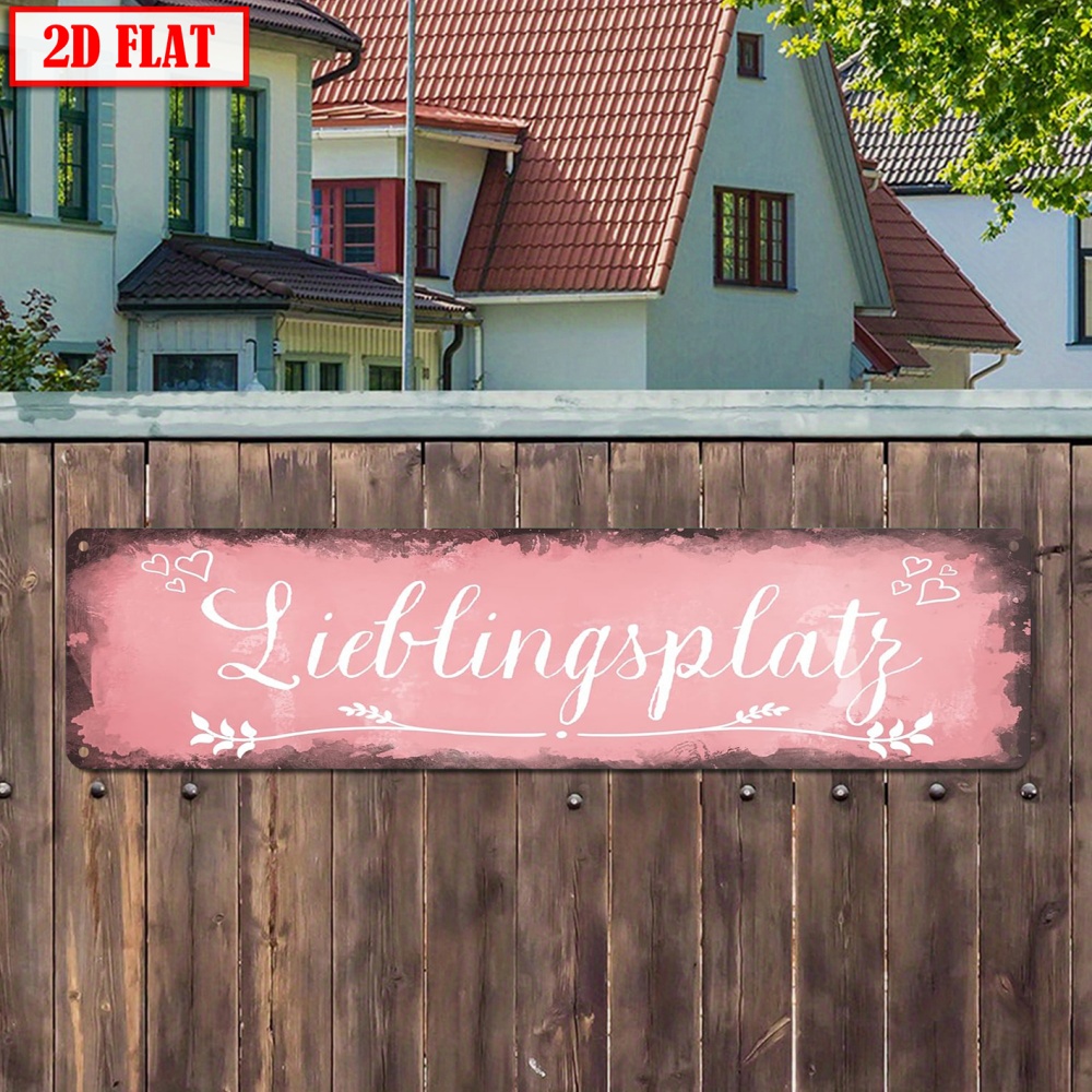 TEMU 2D Flat - Ein 2D flaches Aluminiumschild mit rosa Hintergrund, dem deutschen Ausdruck für "" und einem weißen Herzmuster, Größe 4X16 Zoll (10X40