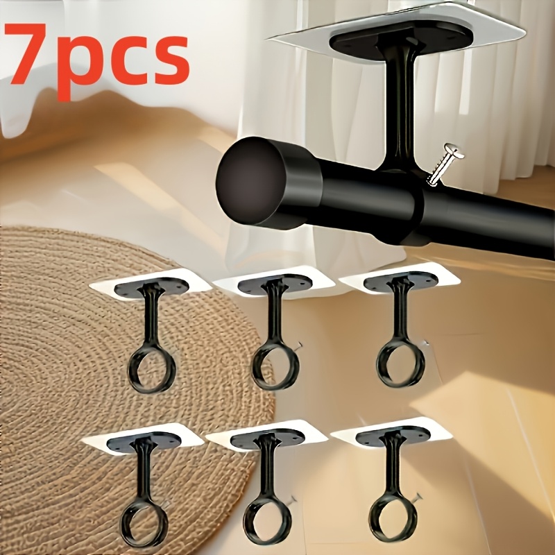 TEMU 7pcs Supports de tringle à rideaux de plafond auto-adhésifs robustes, avec crochets et tringle réglables - Installation perçage, convient aux