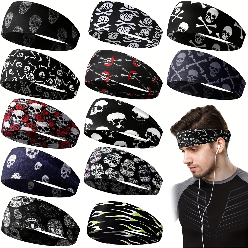 12pcs unisex sweatbands skull   design stretchy sports headbands for running cycling yoga jogging tennis gym workouts moisture wicking athletic headbands for men women workout headwear skull pattern headbands moisturewicking headwear exercise headband