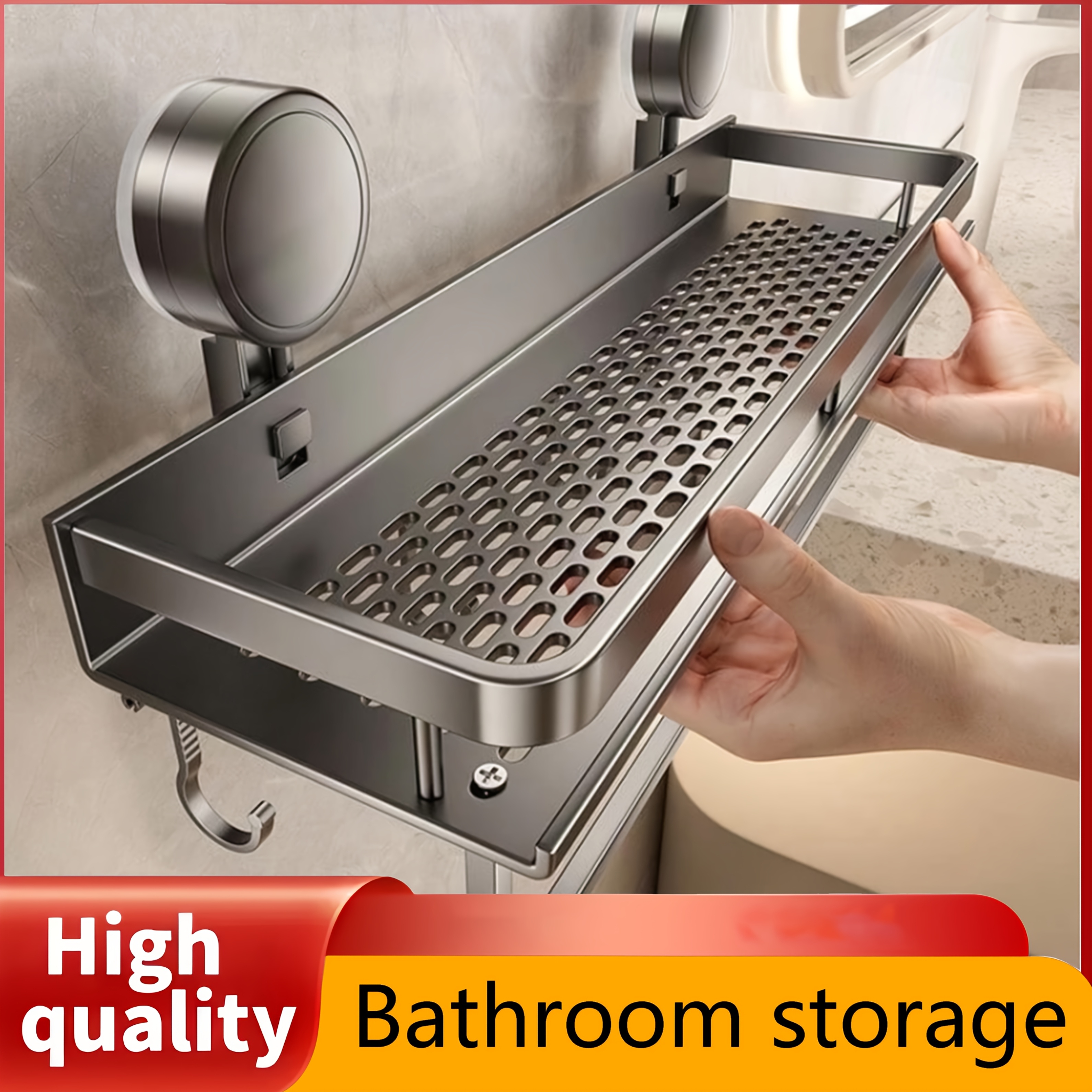 item picture 1pc   wall mount shower caddy with suction cups heavy duty floating shelf with towel hooks space saving bathroom organizer for shampoo soap and additions shelves