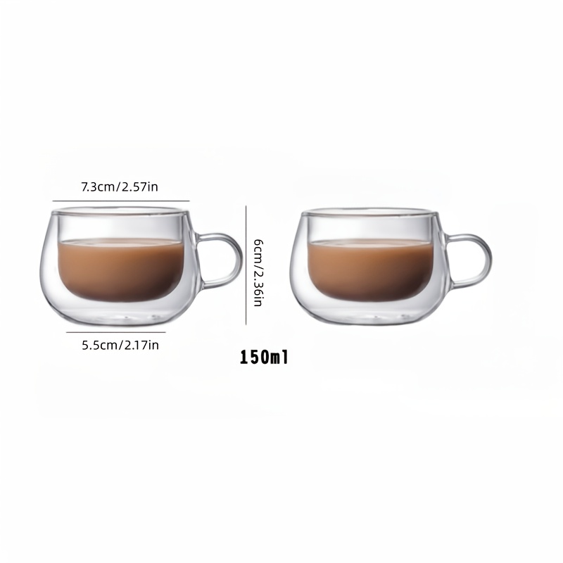 TEMU 2pcs 150ml Double-layer Glass Handled Coffee Cups, Heat-resistant Transparent Double-layer Glass Mugs, Suitable For Espresso, Latte, Milk Tea,