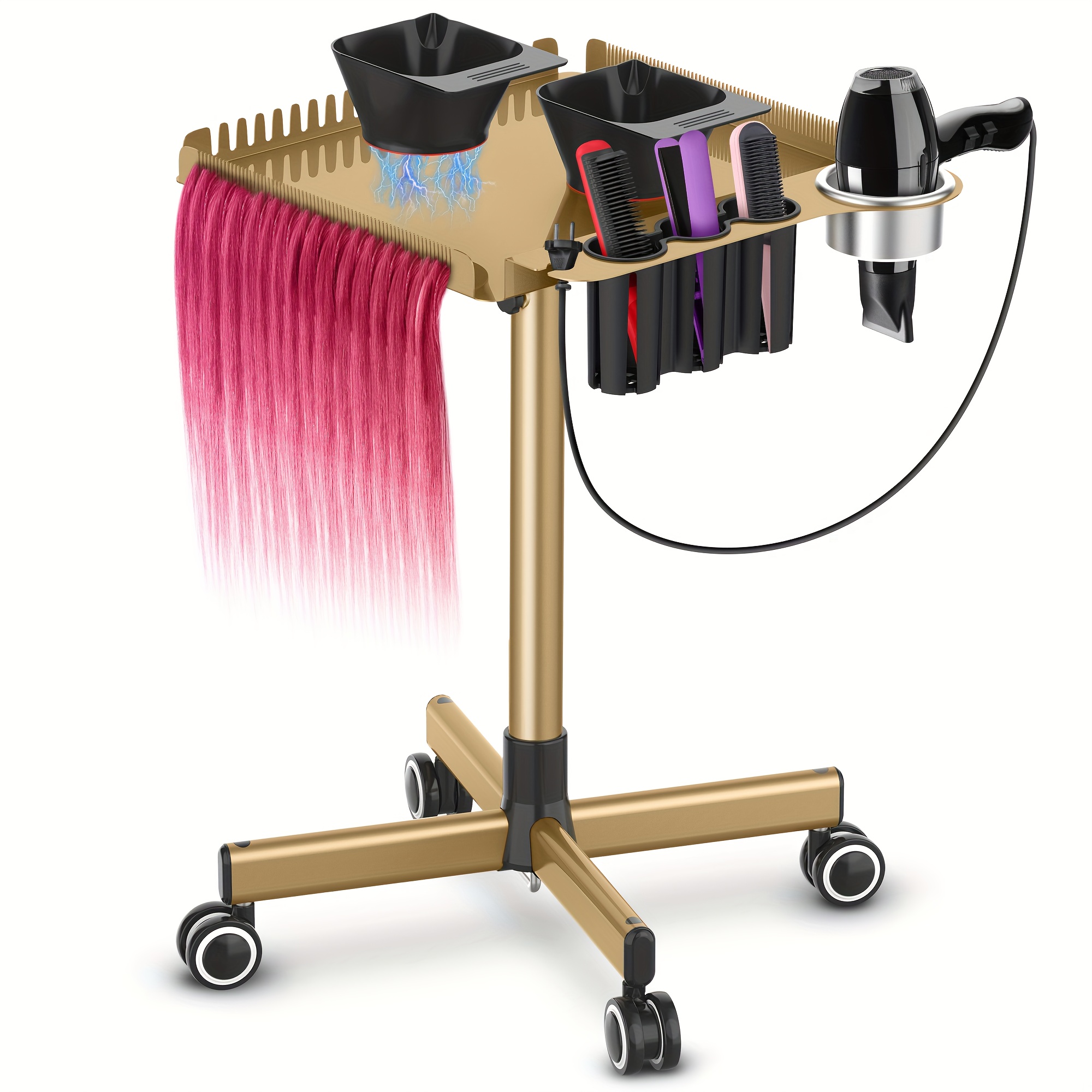 TEMU Mobile Golden Salon Cart - Height-adjustable Metal Trolley Featuring Hair Divider And 2 Magnetic Color Bowls - Ideal Rolling Utility Tray For