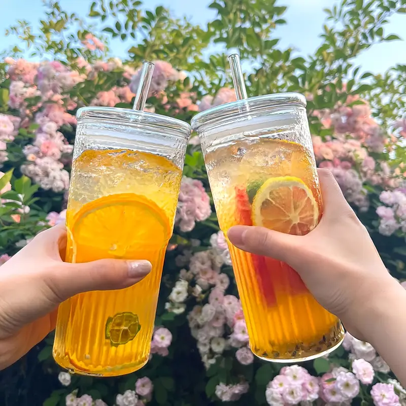 2pcs 22oz 650ml with lid straw straw brush ribbed glass cup reusable wide mouthed smoothie cup thick walled glass iced coffee cup tea cup juice cup a great holiday christmas anniversary housewarming gift for Product details 0