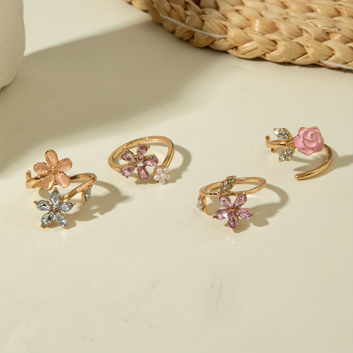 4pcs Vintage Rhinestone-Encrusted Floral Ring Set