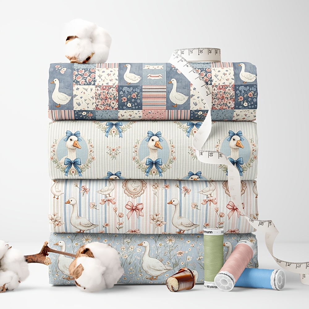 TEMU 4pcs Set Vintage Duck Bow Print Fabric - 18x22 Inches (55x45cm) Pre-cut Polyester Fabric With Pastel Farmhouse Duck Patterns - Suitable For Diy