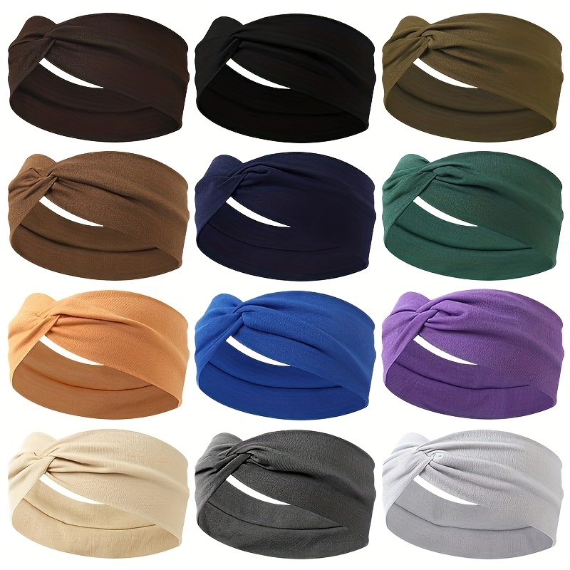 TEMU Pack de 12 Bandeaux Élégants et Minimalistes en Polyester pour Femmes - Couleur Unie, Tissu, Plumes, Bandeau Polyvalent pour le Yoga et -