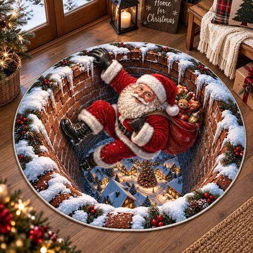 item picture velvet 1pc christmas round 2d visual illusion round rug santa claus climbing chimney gifts pattern rug scenic snowy christmas rug washable holiday floor mat soft and comfortable decoration rug