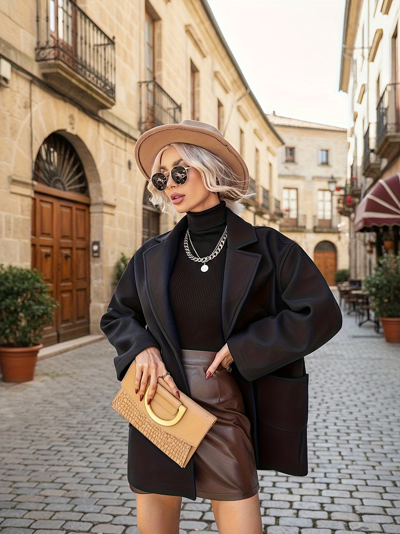 womens elegant winter coat double breasted   silhouette with notch lapel collar   loose fit long sleeve outerwear in navy non stretch fabric for fall winter formal everyday outfits winter coats seasonal fashion Product details 2