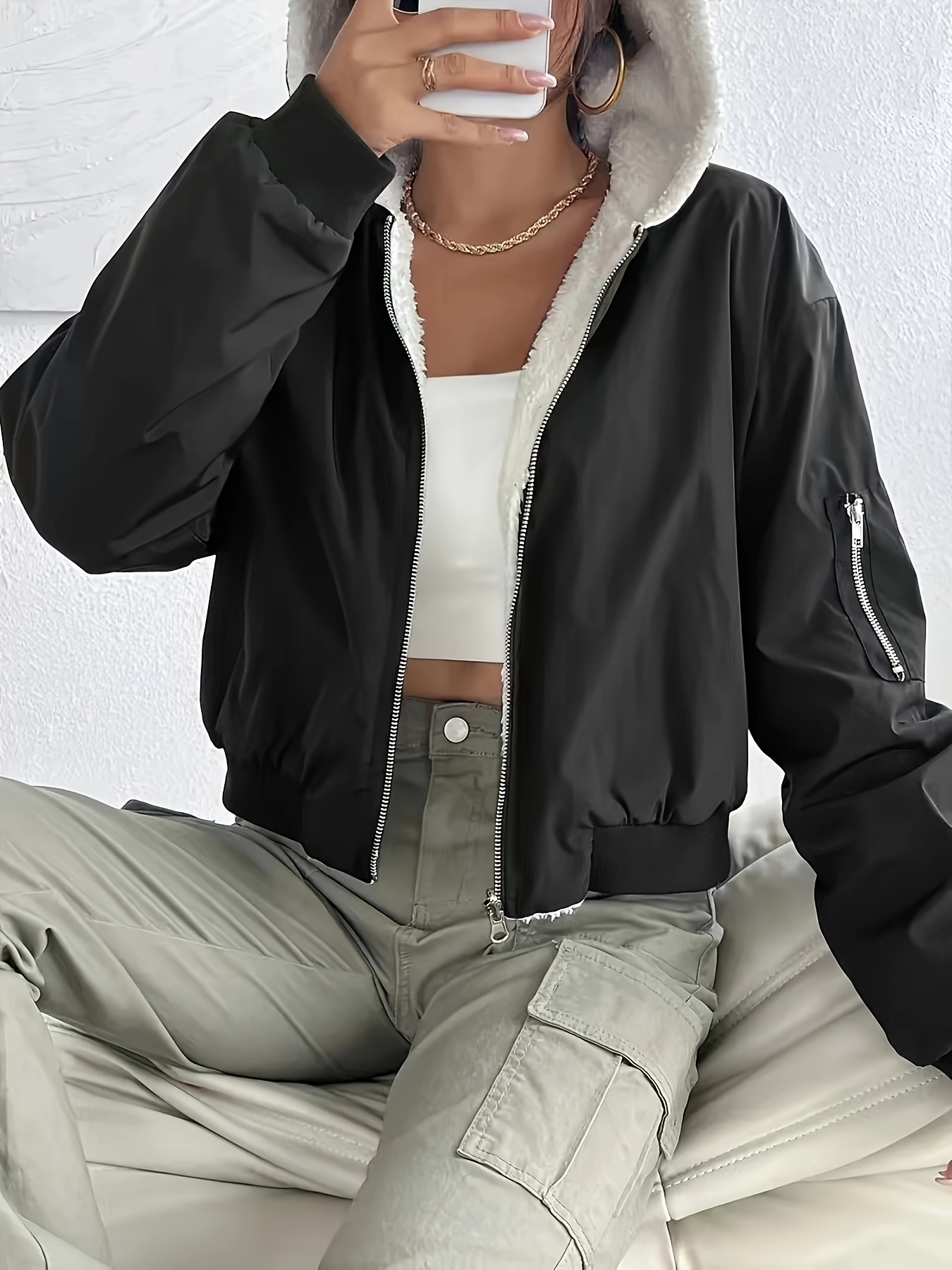 lässige damen bomberjacke gefütterter kapuze reißverschluss Temu