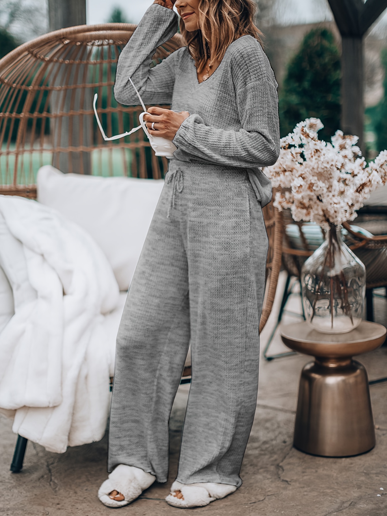 Women's Waffle Knit V-Neck Long Sleeve Casual Pant Set Polyester Blend  Loungewear with Elastane Stretch, Solid Color, Fall/*