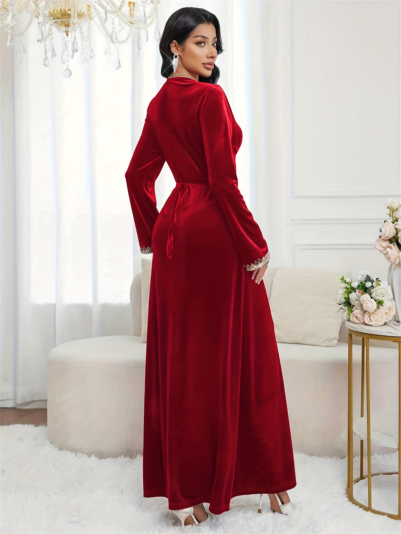 middle eastern wine red velvet v neck embroidered dress