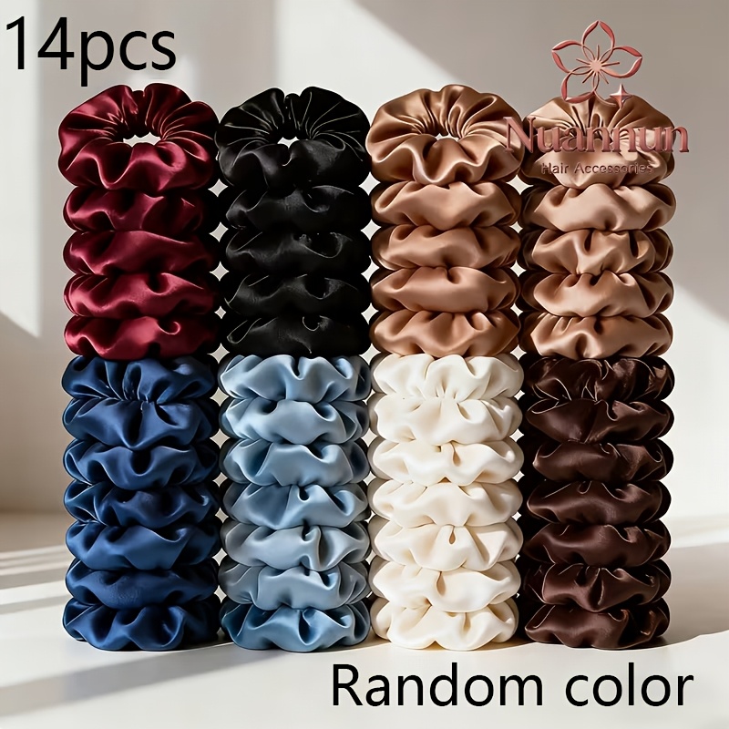 Image of 14pcs Dark Random High-end Satin Large Hair Tie Set, Ponytail, Bun, And Updo Hair Additions, Everyday Versatile Hair Ties