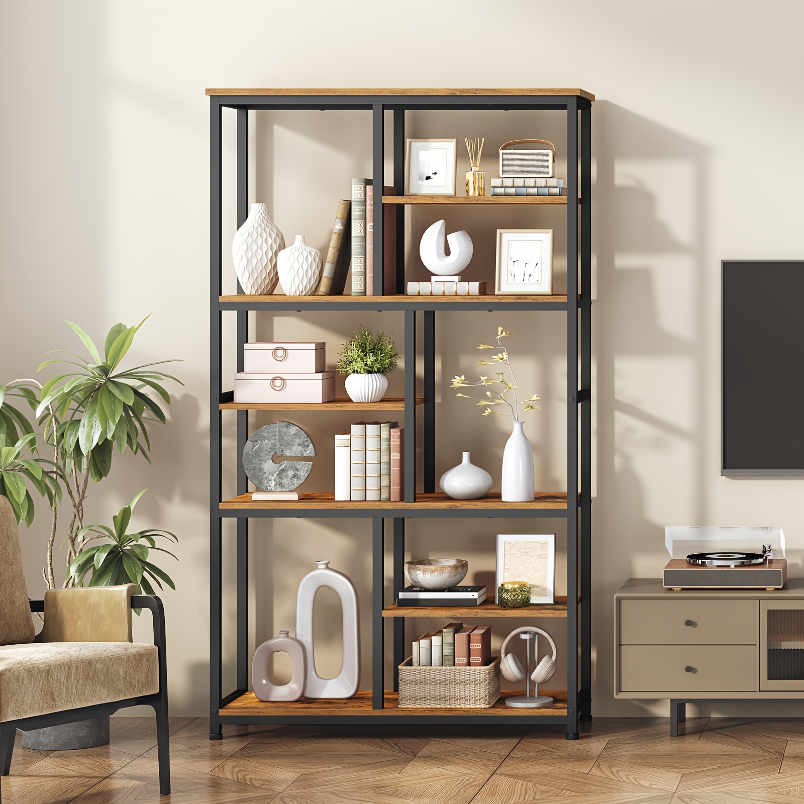 Bookshelf, Industrial Large Corner Shelf, Shelf, High Storage Rack, Bottom Corner Shelf, Rack, Suitable For Living Room, Bedroom, Office, Kitchen And . Large Capacity. .