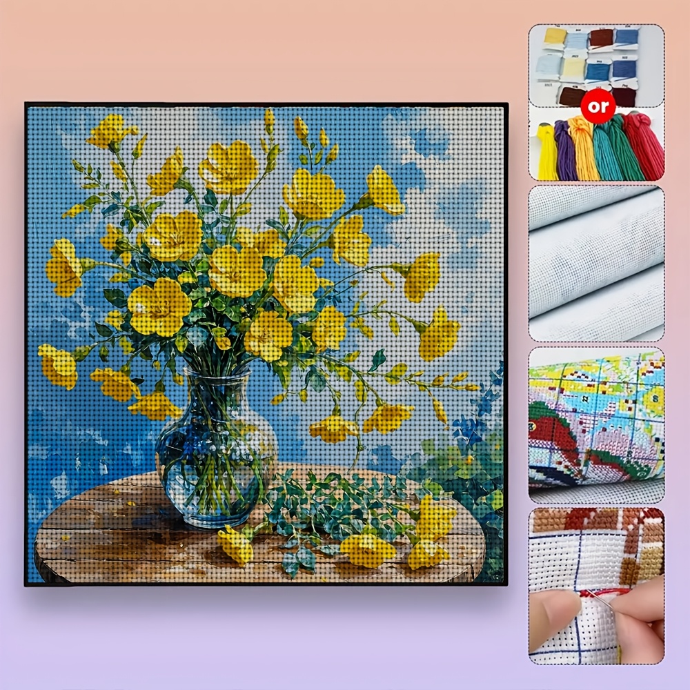 DIY Cross-Stitch Printed Kit, Frameless Yellow Flowers in Vase