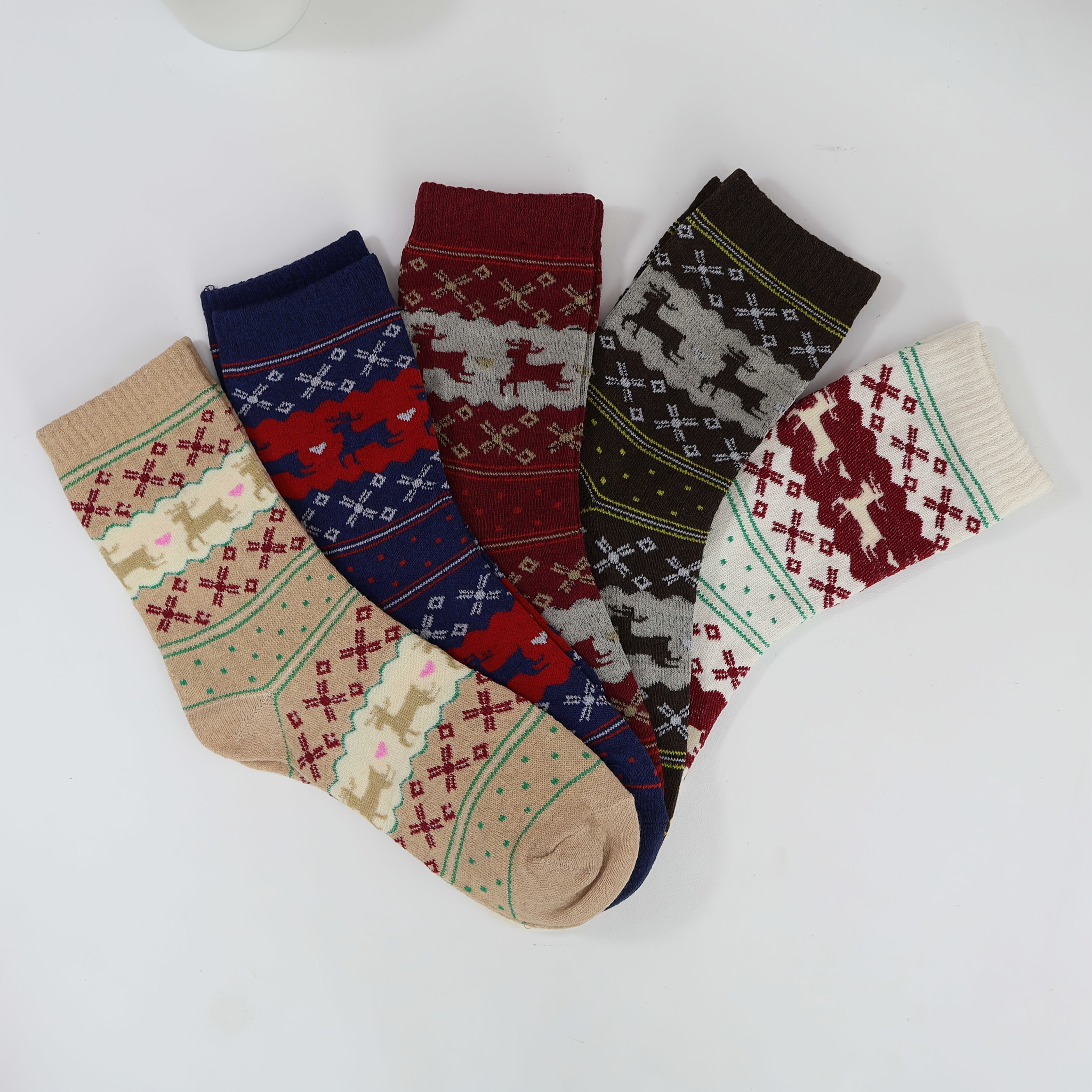 TEMU 5-pack Women's Comfortable Ethnic Vintage Christmas Mid-calf Socks