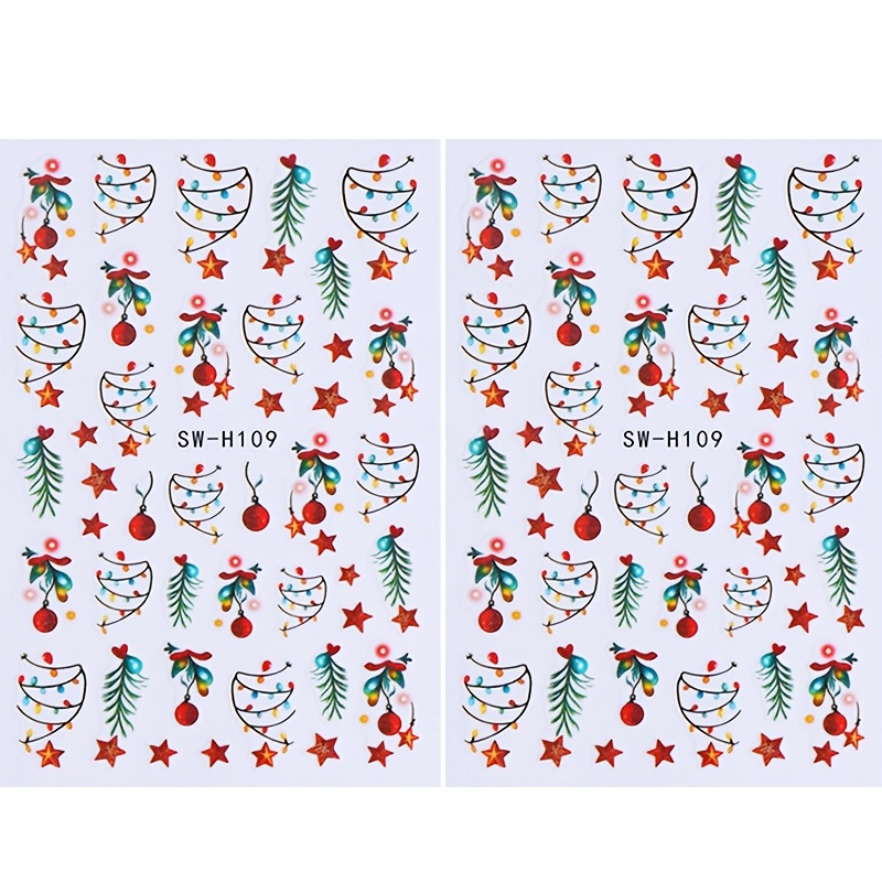 TEMU 2 Sheets Luminous Christmas Light Strip Nail Stickers, Christmas Light Strip, Bell, Leaf & Star Pattern Nail Decals, Diy Nail Art Decorations,