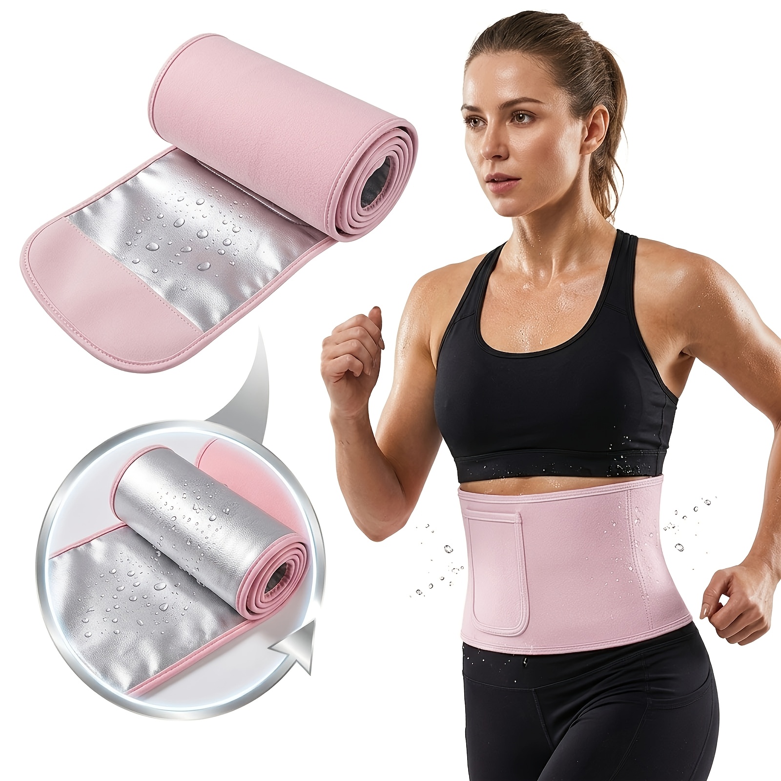 TEMU Ceinture de taille unisexe ajustable absorbant la transpiration, ceinture de sauna argentée en polymère à génération de chaleur avec pochette