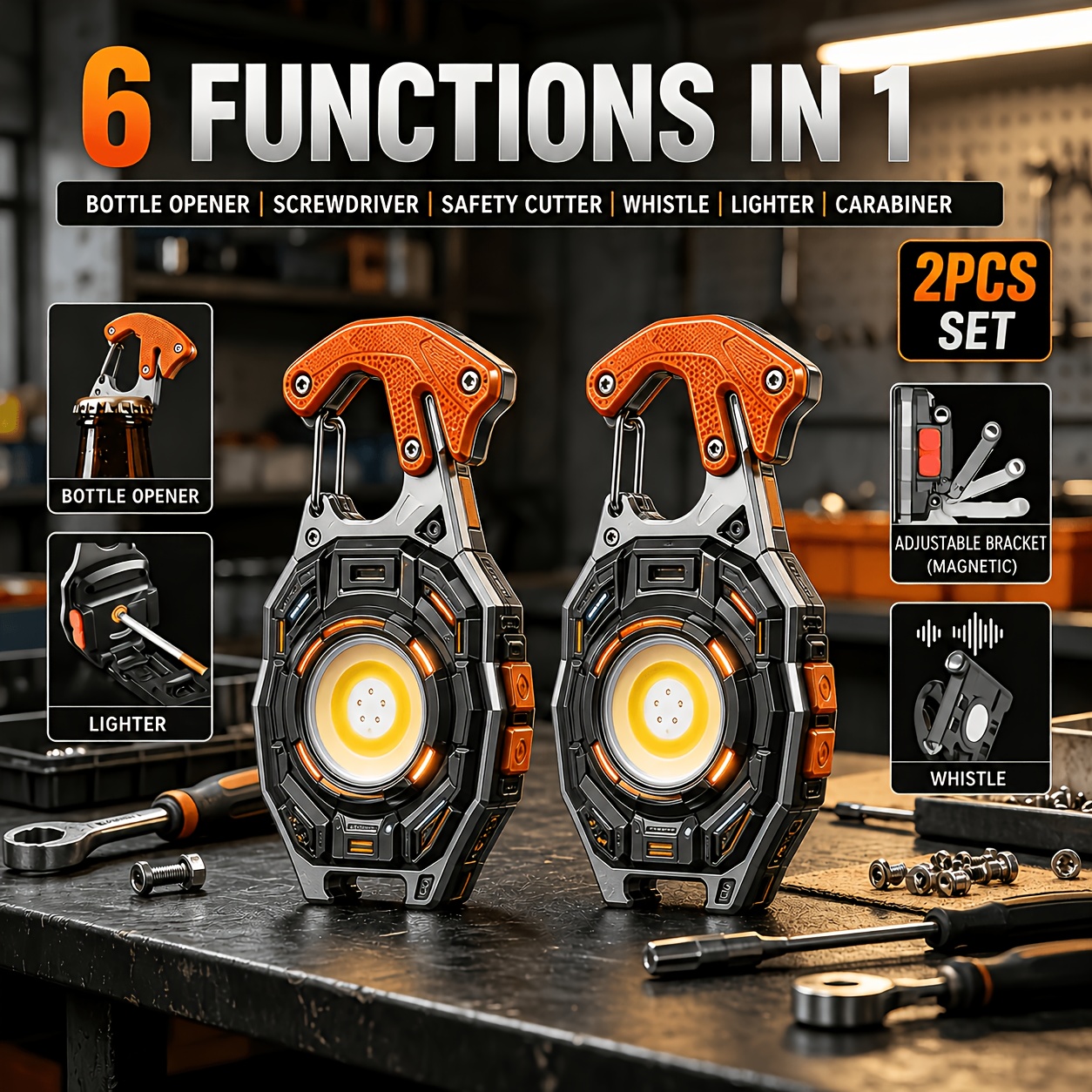 TEMU 2pcs 6-in-1 Multifunctional Keychain Flashlight Set With Bottle Opener, Cross Screwdriver, Safety Cutter, Emergency Whistle, Lighter & Carabiner
