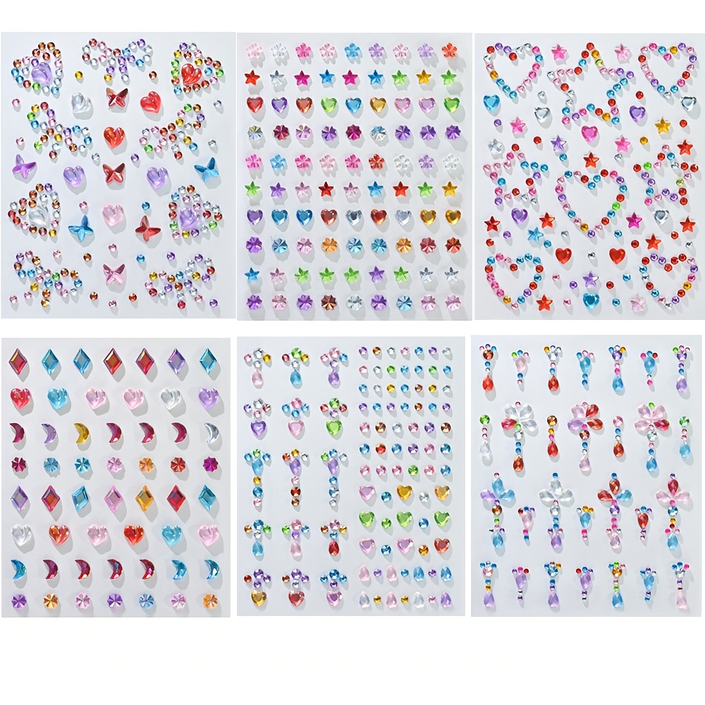 TEMU Set van 6 kleurrijke mini fonkelende strass steentjes acryl gezichtstickers met hart-, ster-, bloem-, strass-, vlinder- & maanontwerpen, diverse