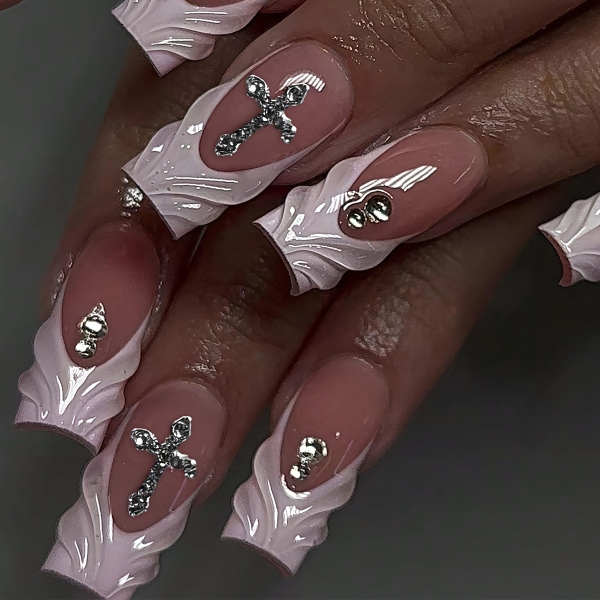 Image of 24pcs Medium Length Square Nails With Glue Glitter Rhinestone Cross 3d Luxury Gel Press On Nails Suitable For Women And French False Nails With Jelly Glue 1pc File Strip 1pc