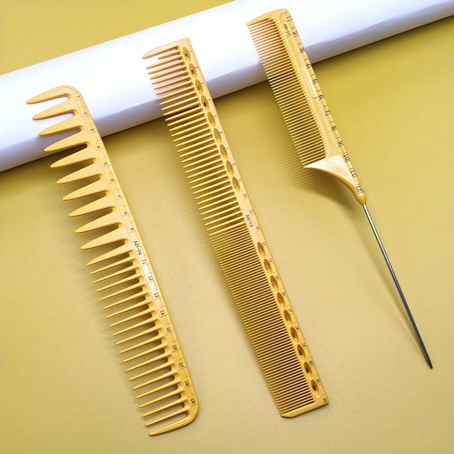 Image of 3pcs Hairdressing Comb Set, Yellow With Ruler Measuring Style, Barber Comb, Pompadour Comb, Taper Comb Set For Precise Cutting And Styling, Essential Set For Professional Salon Barbers