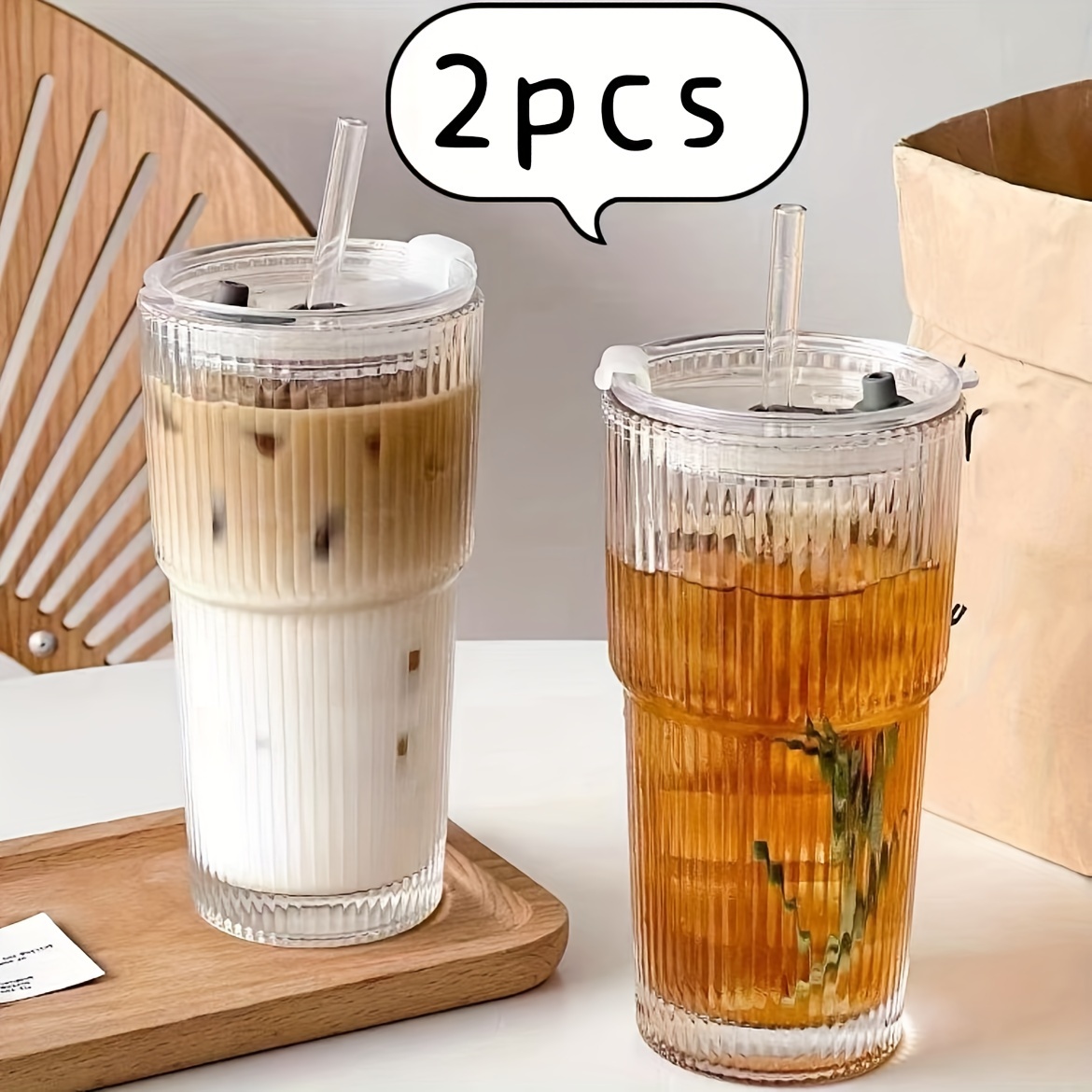 

2-pack Striped Glass Coffee Cups With And Straws - Reusable 600ml Hand-wash Only Mugs For Cold Drinks, Juice, Water - Recyclable Glassware, Ideal Gift