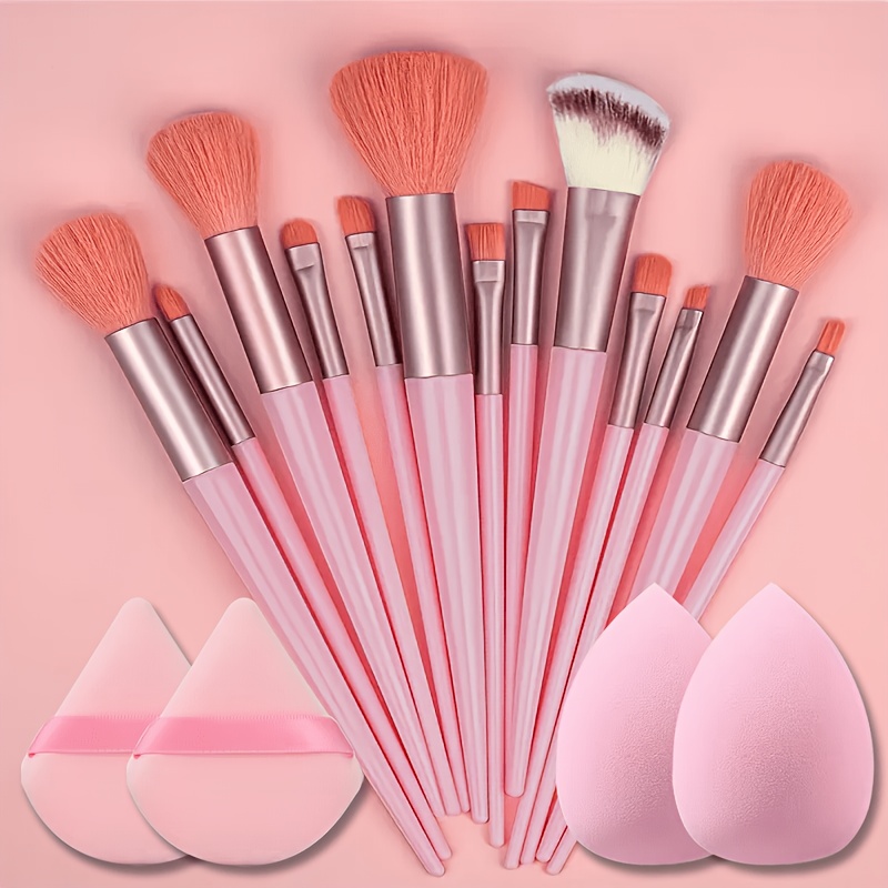 TEMU Set de brochas de maquillaje rosa de calidad, 17 piezas, que un set de 13 brochas multifuncionales con 2 esponjas de maquillaje y 2 brochas