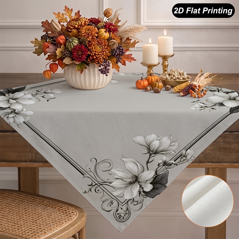 TEMU 1pc Fall Tablecloth Monochrome Magnolia Frame Farmhouse Kitchen Table Decoration Indoor Holiday Party Thanksgiving Decoration Fall Decor 85 X 85