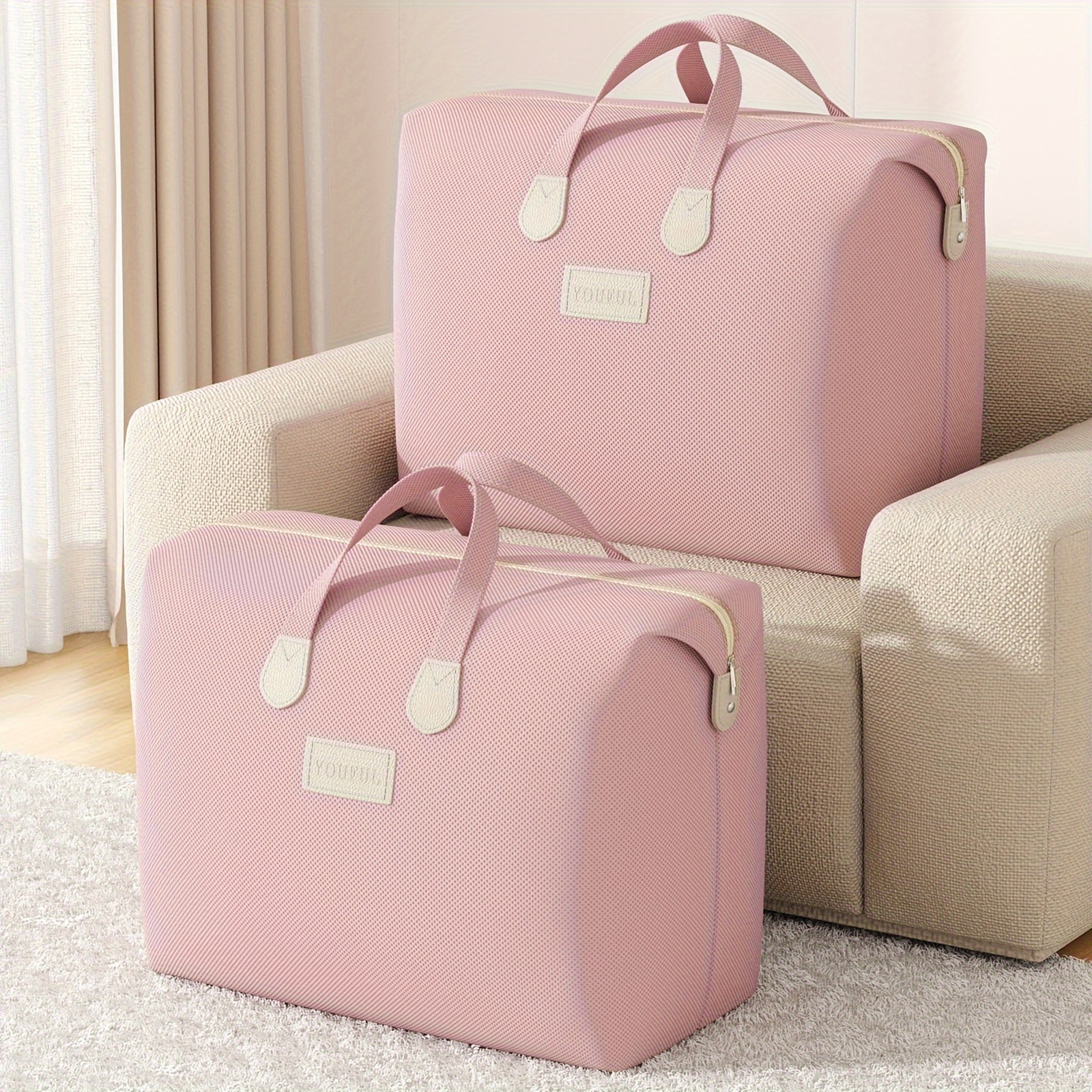 1pc YOUFEN Pink Polyester Blend Quilt Storage Bag with Zipper Closure - Portable Travel Organizer for Dorm, Clothes, Shoes & Accessories, Durable & Lightweight Design for Home, Office, Travel, Quilt Storage Bag, Dorm Room Organizer, Stylish Organizer, Sturdy Handles
