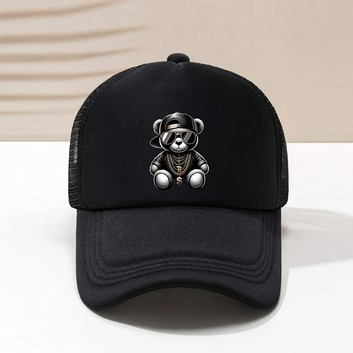 

1pc Men's Cartoon Bear Print Trucker Hat, Breathable Mesh Baseball Cap, Fashion Outdoor Sun Protection, Adjustable Snapback, Sport Style
