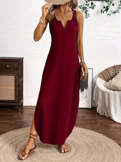 spring summer new arrival european and trend womens solid color notched v neck camisole dress for vacation and leisure